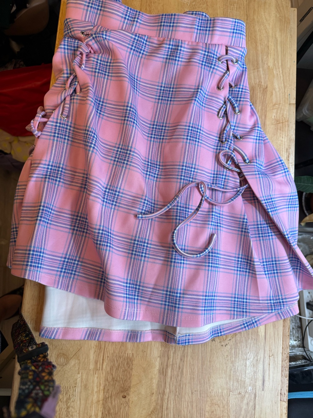 Hot Topic Pink and Blue Plaid Lace-Up Skater Skirt